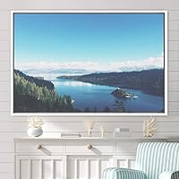 Framed Canvas Wall Art Calming Waters Aerial Cool Lake Landscape Multicolor Photography Realism Relax/Calm - 16x24 inches