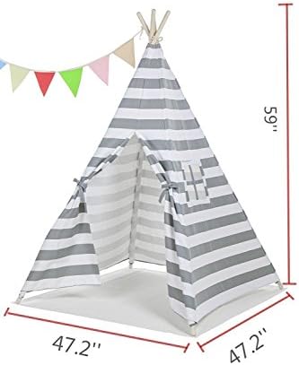 ABULU 6' Indoor Indian Playhouse Toy Teepee Play Tent for Kids Toddlers Canvas Teepee with Carry Case with Mat (Grey Stripe)