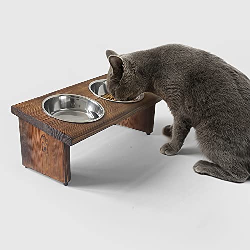 Raised Tilted Cat Bowl, Elevated Slanted Feeding Bowl For Cat And Dogs, Pet Food And Water Bowl With Adjustable Wooden Stand, Anti Slip Dog Cat Feeder With 2 Stainless Steel Bowls #TOP7