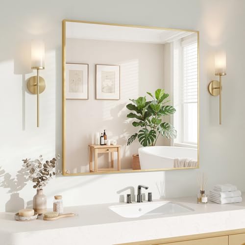Image of Koonmi Gold Mirrors for Wall, 30x30 Inch Bathroom Mirror, Rectangular Wall Mirror for Living Room Bedroom Bathroom, Hangs Horizontally or Vertically
