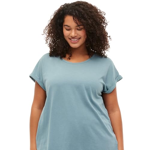 Zizzi Damen T-Shirt aus Baumwollmix - Plus Size Damen mit Rundhals Kurzarm mit Umschlag und Relaxed Fit Basic Oberteil für Alltag Büro und Freizeit