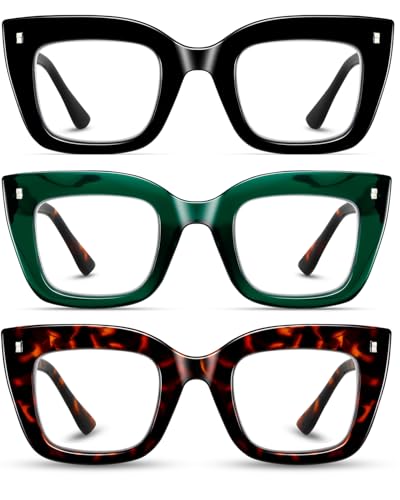Hubeye 3 Pack Oprah Style Reading Glasses Oversized Readers Blue Light Blocking Computer Eyewear With Spring Hinge +0.0