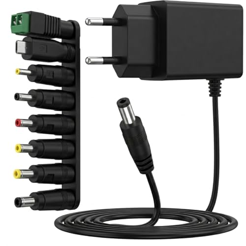 6V 1A Alimentation Adaptateur Universel Secteur, Connecteur DC 5,5 x 2,1 mm avec 8 Connecteurs Tips, AC 100-240V Chargeur pour Routeur Caméra Bandes LED CCTV...