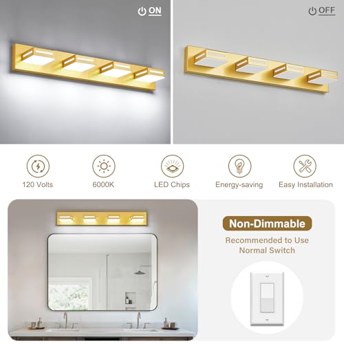 Image of LED Modern Bathroom Light Fixtures, 4-Light 30-Inch Gold Vanity Lights for Bathroom Lighting Fixtures Over Mirror, 6000K Cool White 350 Rotatable Wall Lamp
