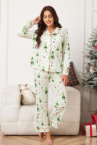 Image of LUBOT Christmas Pajamas for Women 100% Cotton Pajama 2 Piece PJ Set Soft Long Sleeve Button Xmas Print Loungewear XS-XXL