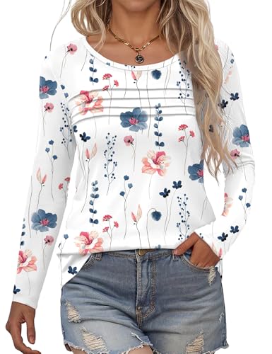 Rapbin Langarmshirt Damen Rundhals Pullover Herbst Winter Falten L&auml;ssig Bluse Elegant Locker Frauen Oberteil Blumen Tunika Shirts 2026(Wei&szlig; Blau Blumen,S)