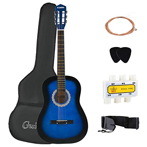 LAGRIMA 38 inch 4/4 Size Beginner Acoustic Guitar Starter Kit Kids Adult with Guitar Case, Strap, Tuner & Pick Steel Strings (Blue)