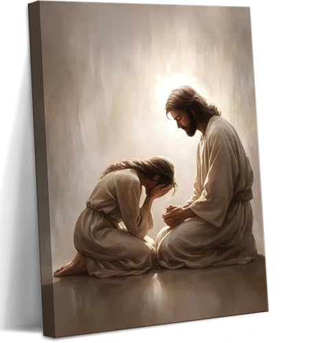 Framed Jesus with Praying Woman Canvas Wall Art Christ Repentance