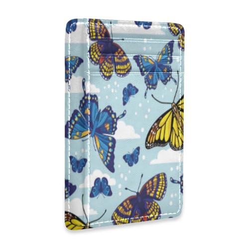 Front Pocket Minimalist Leather Slim Wallet Credit Card Holder Blue Butterfly for Men & Women