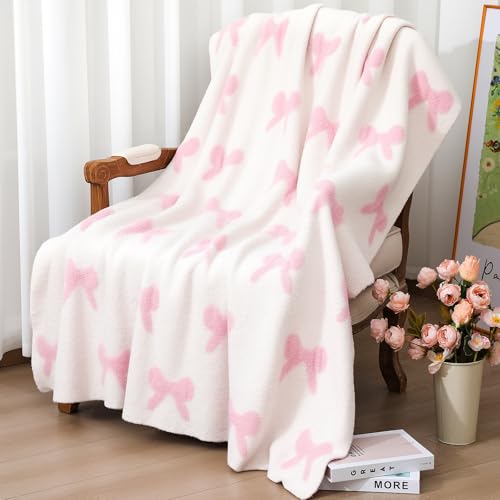Image of Mindsoft Pink Bow Blanket 50 x 60 Inch Coquette Blanket Soft Preppy Throw Flannel Cozy Lightweight Aesthetic Cute Decoration Bedroom Decor Couch Sofa Chair, Ideal Gift for Sofa Couch Travel Bed