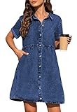 KDF Denim Dress for Women with Pockets Short Sleeve Babydoll Denim Shirt Dresses for Women 2023 Navy