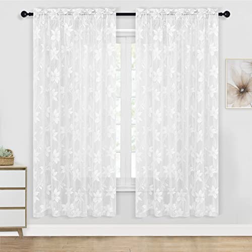 DWCN White Floral Lace Sheer Curtains - Extra Wide 63 inch Long Floral Lace Design Rod Pocket Window Voile Sheer Drapes for Bedroom Living Room 70 x 63 inches Long Curtain Panels, Set of 2,White