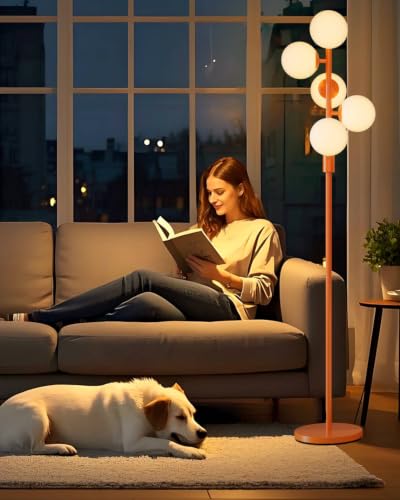Image of 64IN Dimmable Orange Floor Lamp, Tall Standing Lamps with 5 Globe Soft Warm White Eye Care 3000K G9 Bulbs, Mid Century Modern Floor Lamp with 5Lbs Heavy Base for Living Room Bedroom Office