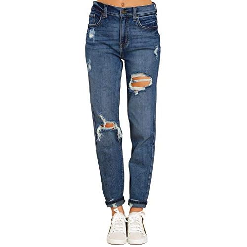 luvamia Boyfriend Jeans for Women Stretch High Waisted Ripped Distressed Mom Jeans Slim Denim Pants Small A Timeless Blue