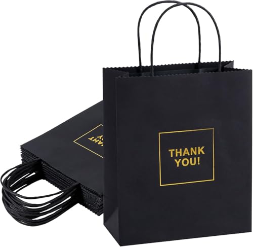 Dasofine Sacos de presente Thank You 50 peças, 19 x 9,7 cm × 9,83 cm, sacos de agradecimento com alças, sacos de papel Kraft resistentes com alça, sacos de agradecimento pretos dourados para varejo,