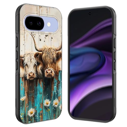 GFEWYTJYJ for Pixel 9a Case,[10 FT Military Grade Drop Protection] Non-Slip Heavy Duty Shockproof Phone Case for Google Pixel 9a 6.3 Inch 2025,Highland Cow with Daisy Floral