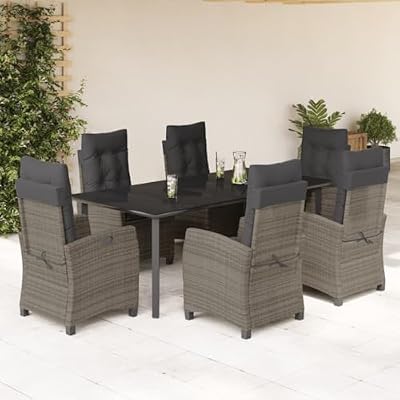 YITHOPI 7 Piece Patio Dining Set with Cushions Gray Poly Rattan Versatile Lounge Furniture Outdoor Lounge Set Patio Furniture Sets Balcony Furniture Sets for patios, Gardens, Decks