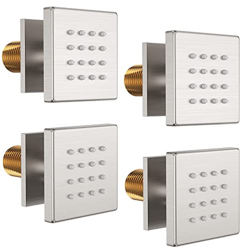 Bostingner Shower Body Spray Jets, Brushed Nickel Brass Square Shower Body Sprayer Spa Massage Showerhead Wall Mount Nozzles NPT 1/2”-4PCS (Brushed Nickel)