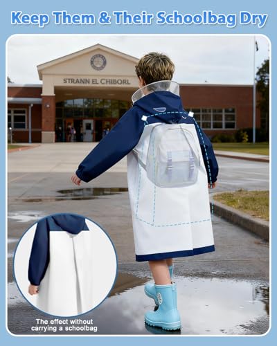 Image of ANYCHO Raincoat for Kids 3-7 Years with Wide Brim & Backpack Space, Knee-Length EVA Kids Raincoat for Boys with Safe Reflective Strips