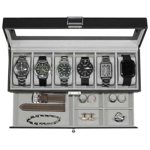 KILHS Watch Box foe Men, 6 Slots Watch Case with Glass Lid, Double Watch Holder with 1 Wrawer for Rings, Cufflinks,Black-Grey