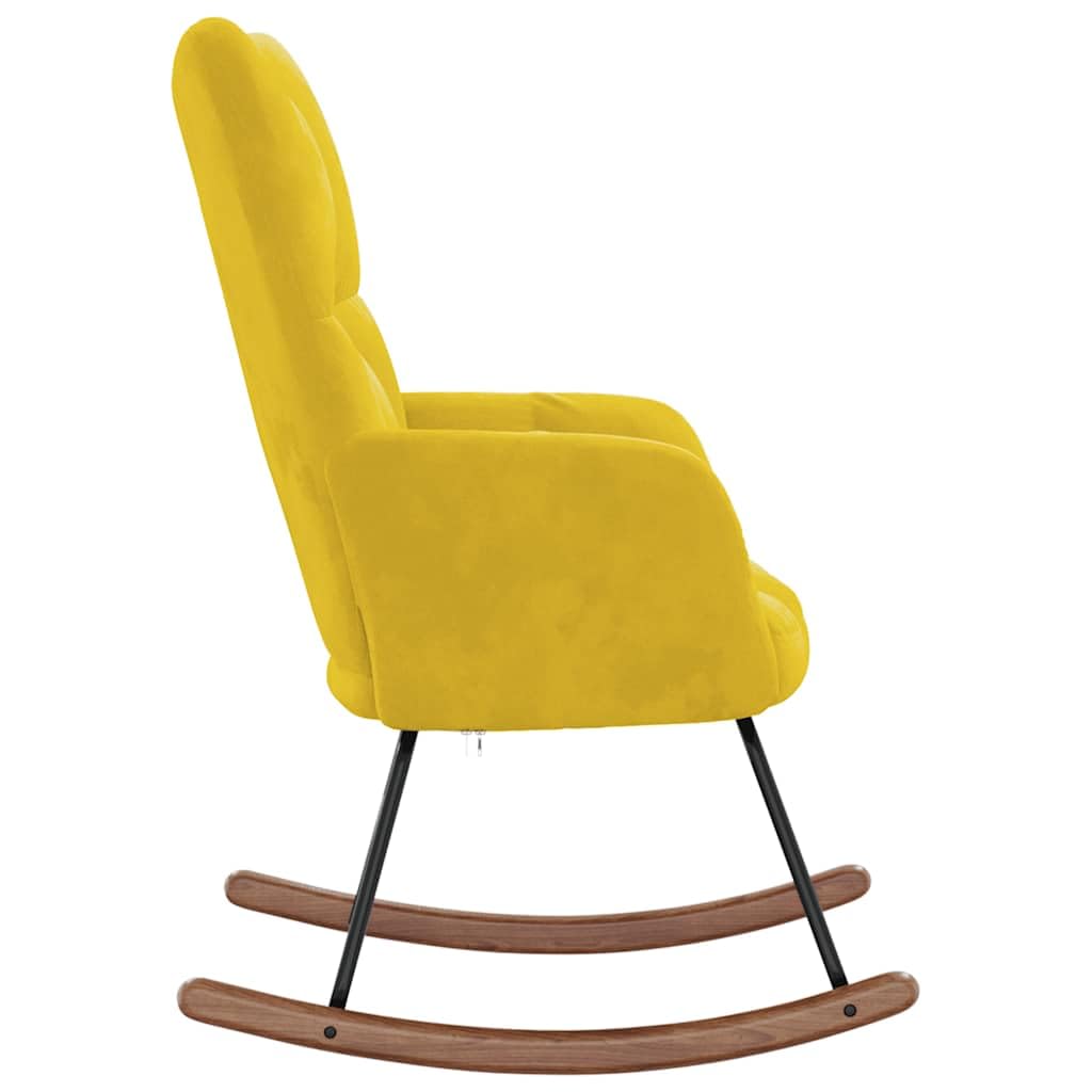 Sillón mecedora de terciopelo amarillo mostaza con acolchado espumado, estructura de acero y patines de madera, dimensiones totales 61 x 78 x 98 cm, para salón y balcón