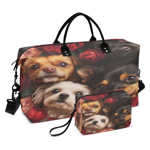 Burbuja Travel Duffel Bag for Women, Dogs Roses Weekender Overnight Bag Shoulder Carry On Tote Bag with Trolley Sleeve, Gym Bag with Toiletry Bag, Large Size