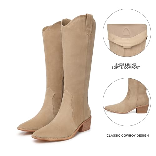 Image of SHIBEVER Cowgirl Boots Knee High: Womens Western Cowboy Boots Wide Calf Apricot Low Heeled Put on Suede Tall Booties Size 6.5
