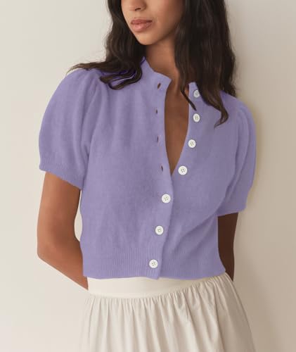 Image of Womens Puff Short Sleeve Cardigan Sweaters Cropped Button up Lightweight Y2k Knit Summer Cardigans