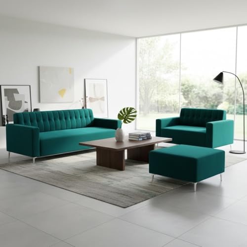 Image of SOCOZI Antonia 5 Seater Sofa Set with Ottoman | Soft Velvet Suede Fabric | Modern Design | Plush Comfort Cushions for Living Room (Greenish Teal)