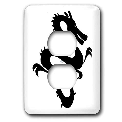 Cache prise Oriental Black Dragon sur blanc double ouverture 3dRose - 2