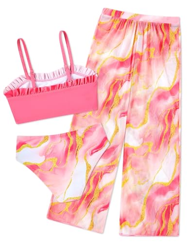 Image of Vogseek 6-16T Girls 3 Pieces Bikini Bathing Suit with Rash Guard Pants Quick Dry Swimwear Cover-Up Sets