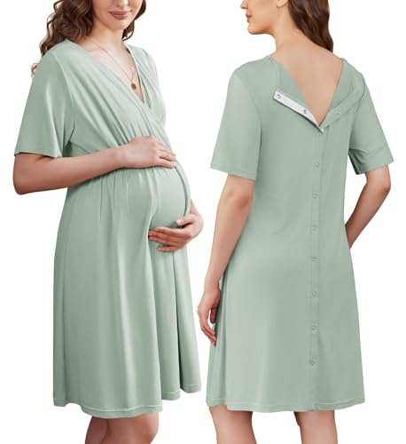 Image of Ekouaer Labor and Delivery Gown for Hospital Short Sleeve Maternity Nursing Dress Nightgown with Button S-XXL