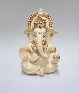 Gold Art India Peach Ivory Finish Ganesha Idol Car Dashboard IdolGanesha Murti Ganpati Idol For Home Decor Puja Lord Ganesh Statue Gift For Office Desk Puja Room Figurine