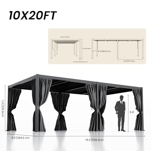 COSIEST 10'X20' Aluminum Louvered Pergola, All-Weather Adjustable Roof with Mosquito-Proof & UV Protection Netting Privacy Curtains for Deck, Backyard, Garden Outdoor Living Space (Black) - Image 7