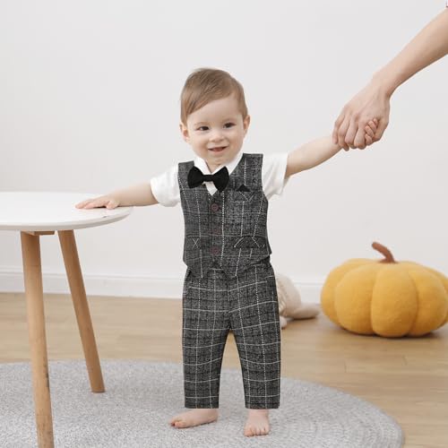 Image of DISAUR Baby Boy Clothes Toddler Boy Outfits 4PCS Gentleman Dress Romper /Vest /Pants /Bow Tie Cotton Suit Sets