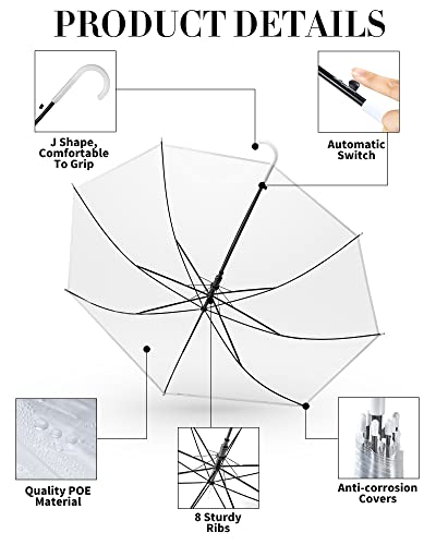 Reginary 24 Pcs Clear Umbrella Wedding Style Stick Umbrellas Transparent Umbrellas For Rain,Clear Wedding Umbrella Large Canopy Windproof Auto Open J Hook Handle #TOP2