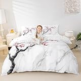 Erosebridal Cherry Blossom Duvet Cover Queen 3Pcs,White Grey Marble Bedding Set for Girls Women Red Flower Floral Comforter Cover Japanese Style Quilt Cover Botanical Theme Bedding Collection,Soft