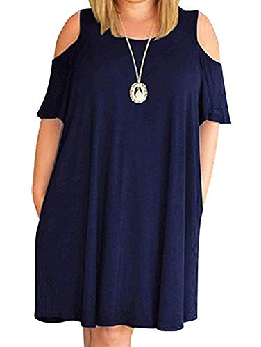 Women Plus Size Dress Cold Shoulder Short Sleeve Floral Mini Swing Dress with Pockets