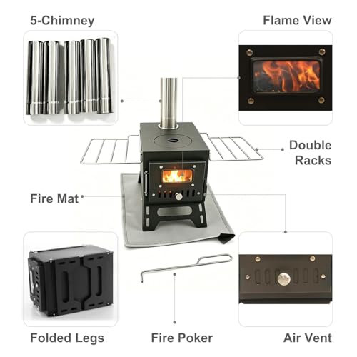 Mini Camping Wood Stove For Tent With Fire Mat, Chimney Pipes And Fire Poker, Compact Hot Tent Wood Burning Stove Kit With Flame Window For Backyard, Campsites, RV Trip And Ice Fishing. - Image 4