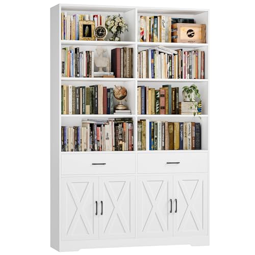HOSTACK 78" Tall Bookshelf with Doors, Double Wide Bookshelf with