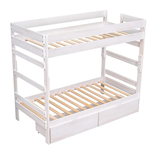 Lifeand Twin Over Twin Wood Bunk Bed With 2 Drawers,Can Divided Into 2 Separate Beds,White #TOP5