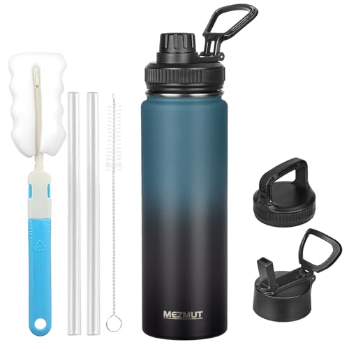 MEZMUT Insulated Water Bottle 24oz Stainless Steel Water Bottles with Straw&3 Lids Sports Metal Water Bottle Thermos Cup Double Walled Vacuum Insulated Bottles Leak-Proof Travel (Gradient Blue Black)
