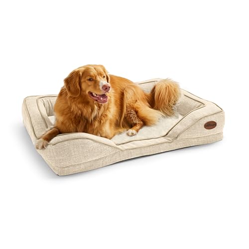 Image of Silentnight Orthopaedic Dog Bed - Cosy Comfortable Pet Bed with Ergonomic Foam Body & Head Support - Super Soft & Sturdy Woven Removable Washable Cover, Non-Slip Base, Large 69x95cm, Natural