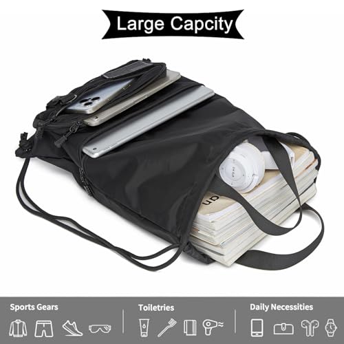 Image of seyfocnia Drawstring Backpack Tactical String Bag with Zipper Pockets Waterproof Cinch Bag Sport Gym Sackpack - Black