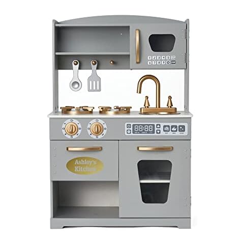 Kidoz Personalised Toy Kitchen, Wooden Play Kitchen With Realistic Oven, Microwave and Sink With Taps, Role Play Kitchen Playset With Your Chosen Name (Vintage Grey Kitchen - Gold Vinyl) Cover