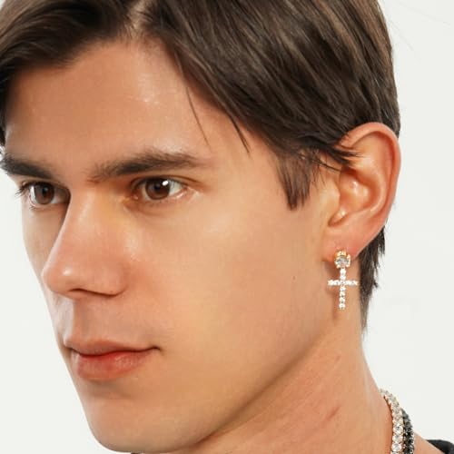 JINAO Cross Hoop Dangle Earrings 14K Gold Plated 5A+ Cubic Zirconia Cartilage Hypoallergenic Sterling Silver Cross Dangle Drop Earrings For Men Women-Big Gold by JINAO - Image 4