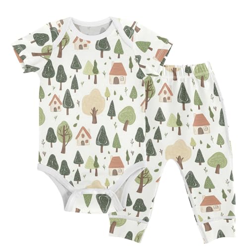 vvfelixl Cartoon Cute Forest Cabin Baby Bodysuits Set,Baby Layette Sets Unisex Short Sleeve Babys Pants Sets 6-9M