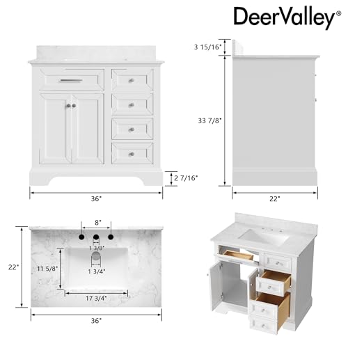 Image of DeerValley 36'' Bathroom Vanity with Ceramic Sink Top, Pre-Assembled Modern Wood Bathroom Cabinet Sink Combo with Backsplash