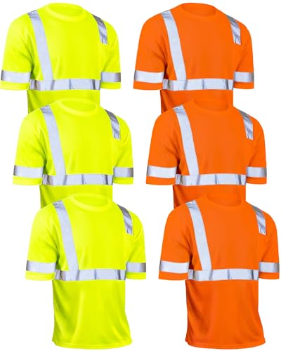 JaGely 6 Pcs Safety Reflective Shirts Short Sleeve Bulk Hi Vis T-shirt High Visibility Construction Work Shirts with Pocket(X-Large,Yellow&orange)