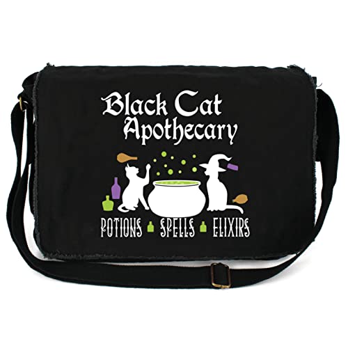 HARD EDGE DESIGN Black Cat Apothecary Cauldron Custom Printed Raw Edge Canvas Messenger Bag